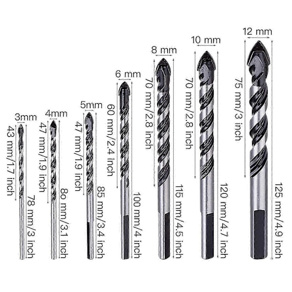7 stk. Tungsten Carbide Murbor Sæt (3 4 5 6 8 10 12mm)