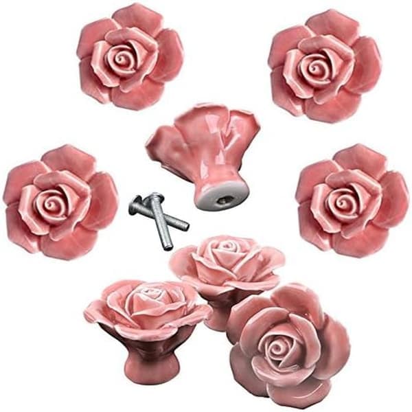 8 stilige rosa knopper i keramikk til skap og bokser