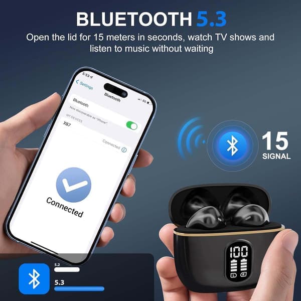 TWS trådløse in-ear hodetelefoner ENC, Bluetooth 5.3, LCD-skjerm og berøringskontroller Hvit