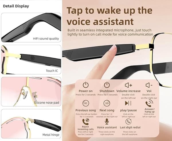 Smarte briller, lyserøde polariserede solbriller, smarte Bluetooth-briller, UV-beskyttelse og blåt lys-blokering, stemmestyring, unisex udendørs