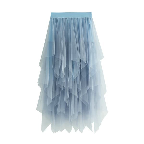 Tyllskjørt for kvinner med elastisk linning og netting, langt skjørt blått blue