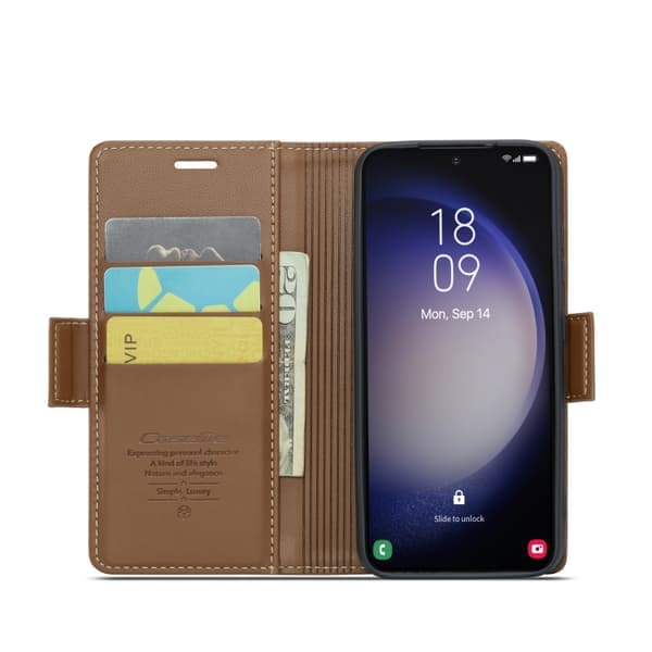 Samsung Galaxy S24 Scale CaseMe 023 Butterfly Buckle Litchi Texture RFID Antitheft Læder Brun Brun