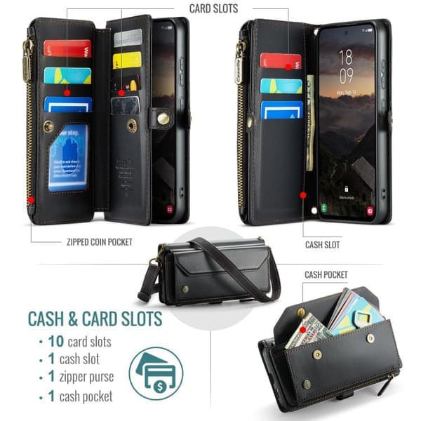 Samsung Galaxy S26 5G Scale etui med ShortFack, lynlåspung, RFID-beskyttende læder sort Svart