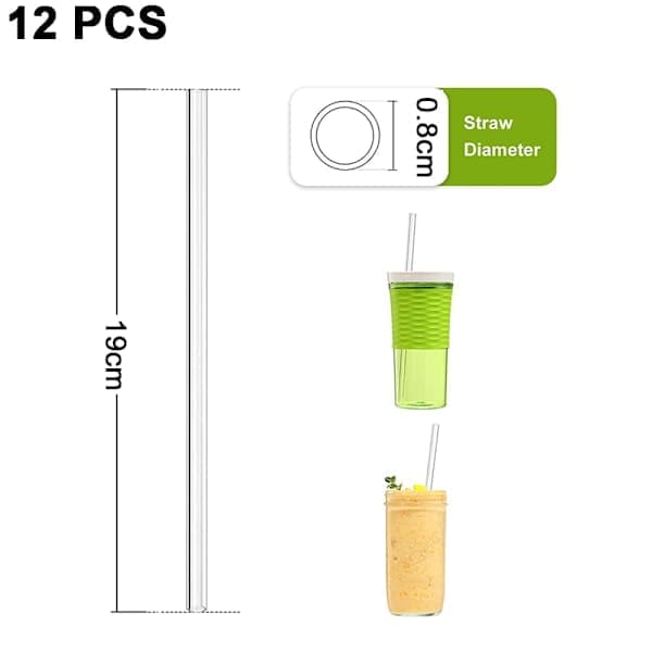 Återanvändbara sugrör i glas, 12-pack, med 4 rengöringsborstar