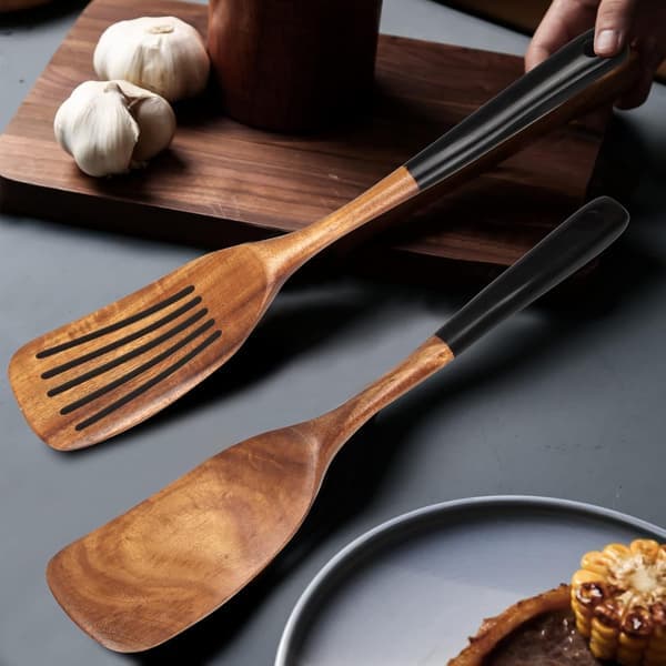 2-delat set med träslev för matlagning, giftfria köksredskap i teak, hålslev, pannkaksspadar i trä, bambu