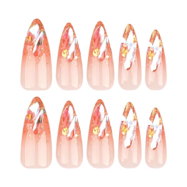 24 st korta mandelnaglar, guldglitter nageltippar, strassfria naglar, gradient nagelkonst