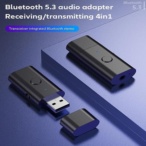 4-i-1 USB trådløs Bluetooth 5.3 AUX-adapter lydmottaker sender USB til 3,5 mm jack for PC TV bil håndfrisett tilbehør
