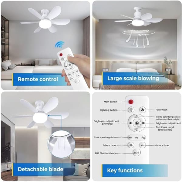 Loftventilator, Lydløs Loftventilator, 40W Lampe med E27 Fatning, 6 Blade, 3 Hastigheder, Stille, til Stue, Soveværelse, Hvid
