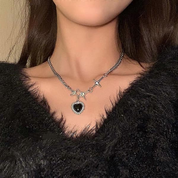Kpop Sort Hjerte Vedhæng Halskæde, Punk Rhinestone Stjerne Asymmetrisk Kæde Smykke Tilbehør