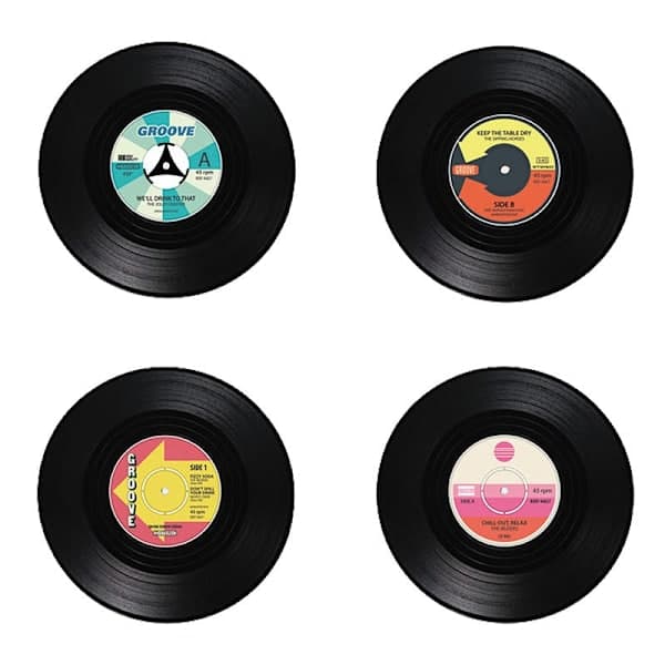 4-pak Vinyl Plade Brikker - Sort, Retro Glasbrikker til Bordbeskyttelse