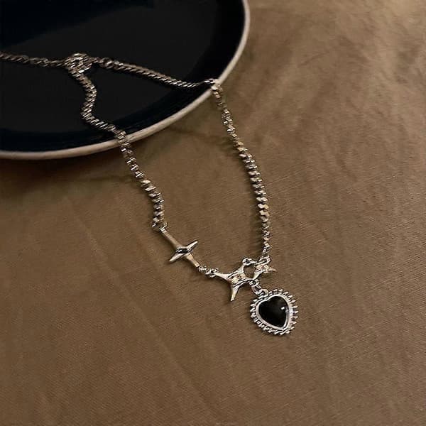 Kpop Sort Hjerte Vedhæng Halskæde, Punk Rhinestone Stjerne Asymmetrisk Kæde Smykke Tilbehør