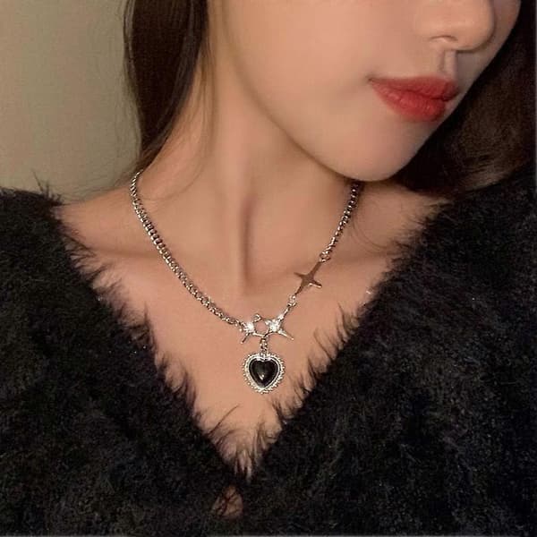 Kpop Sort Hjerte Vedhæng Halskæde, Punk Rhinestone Stjerne Asymmetrisk Kæde Smykke Tilbehør