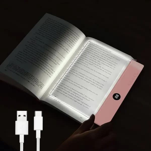 Boklampe, oppladbar klar LED flat leselampe med 3 farger og timer, dimbar panel helsidebok for lesing i sengen om natten