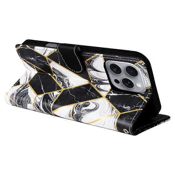 iPhone 16 Pro Max Skal Lackad Marmormönster, Kortfack Plånbok Läderfodral Black
