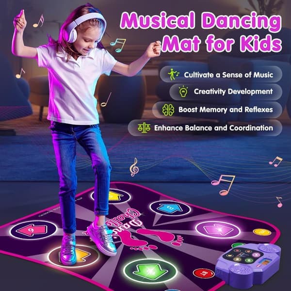 Dansematte for barn 3 - 10 år med Bluetooth, Musikkdansematte med 6 opplyste piler, Elektronisk