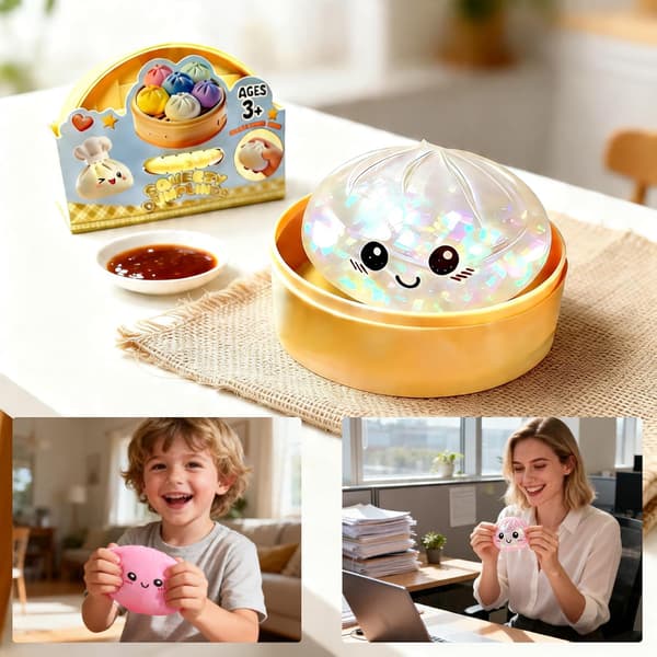 Glitter Dumpling Squishy Legetøj, Blød Strækbar Klemmebold med Damperboks til Børn og Voksne blue