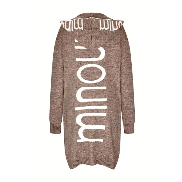 Strikkede Cardigan med Vandfaldskrave og Bogstavprint, Afslappet Langærmet Trøje med Hætte og Lommer, Kvinder Light Brown M