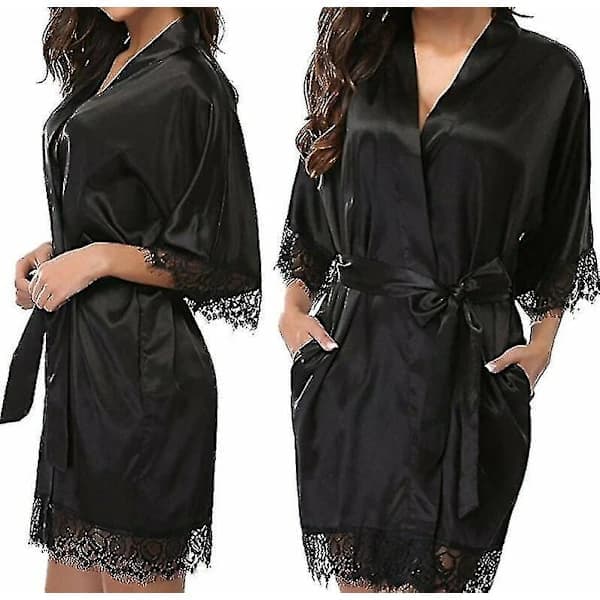 Satin Kimono Morgenkåbe Nattøj Badekåbe til Brud og Brudepiger - Sort