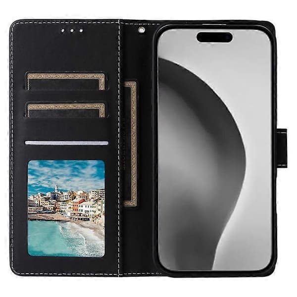 iPhone 16 Pro Max Skal Lackad Marmormönster, Kortfack Plånbok Läderfodral Black