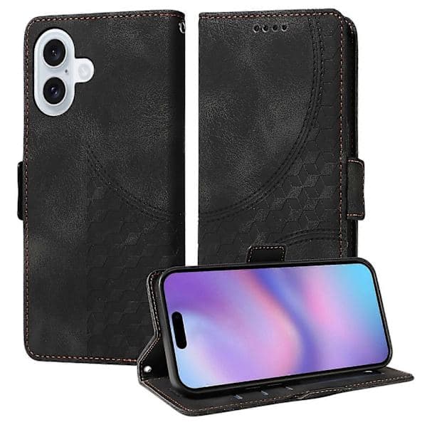 Kompatibel med iPhone 17 Läderplånboksfodral, rombmönstrad design, stativ med rem - Perfekt Svart Black