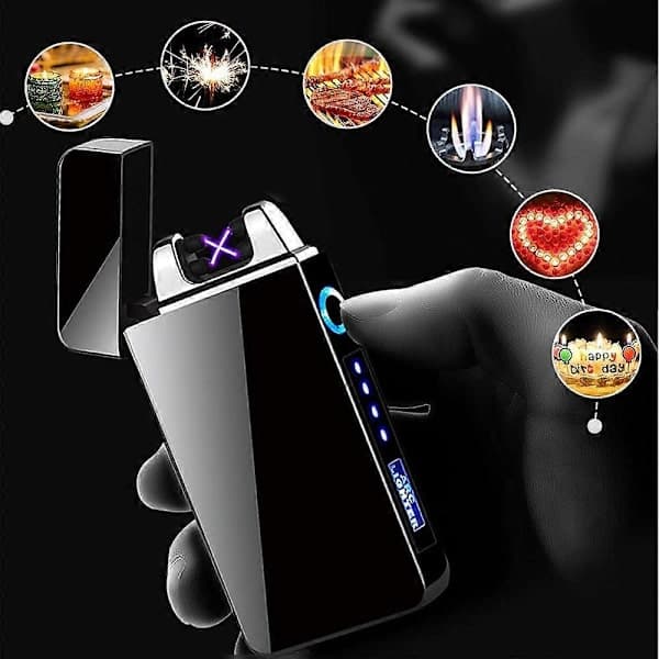 USB Genopladelig Elektrisk Lighter, Vindtæt Dobbelt Bue Plasma Lighter med Batteriindikator Touch Kontrol Sort