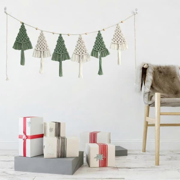 Julgransväv Nordisk Väv, Bohemisk Design, Unik Väggväv Light green White