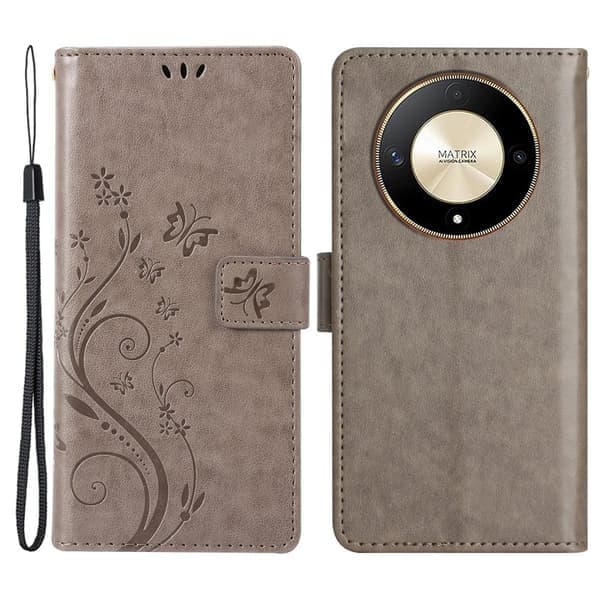 Honor Magic6 Lite 5G / X50 5G / X9b 5G plånboksfodral Fjäril läder flip-telefonfodral - Grå Silvergrå