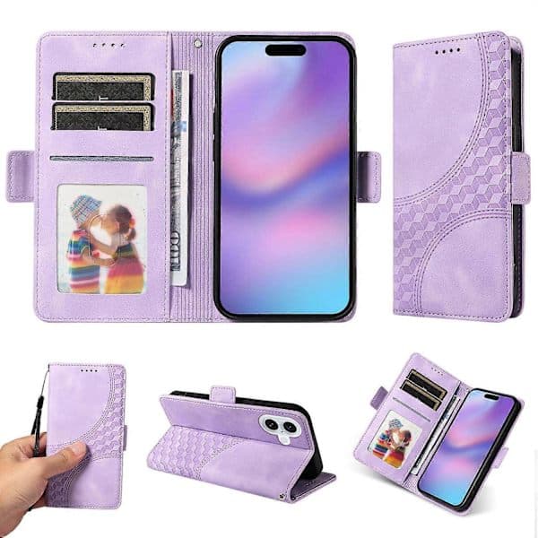 Kompatibel med iPhone 17 Läderplånboksfodral, rombmönstrad design, stativ med rem – Perfekt Lila Purple