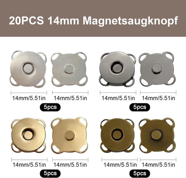 20 stk. magnetiske trykknapper, 14 mm magnetiske trykknapper til syning, 4 farver knapper med syhul til tasker tøj Cr
