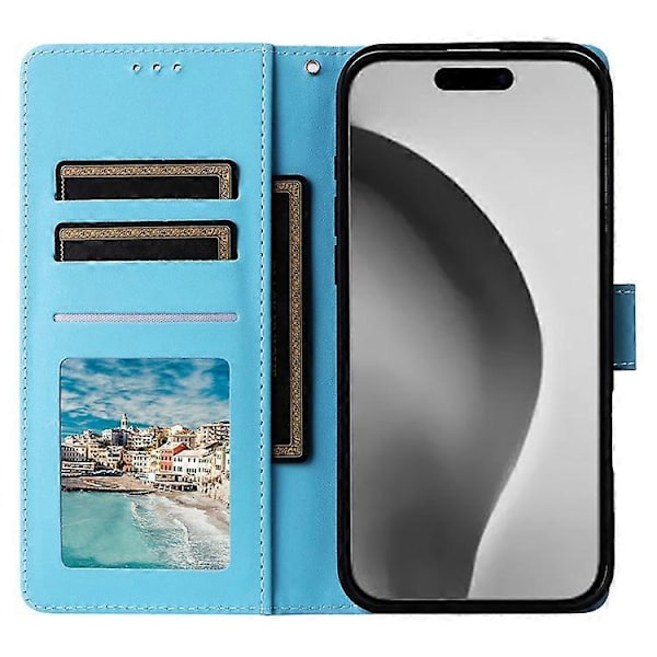 iPhone 16 Pro Max Skal Lackad Marmormönster, Kortfack Plånbok Läderfodral Blue