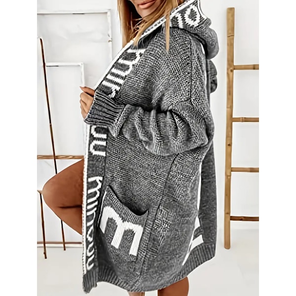Strikkede Cardigan med Vandfaldskrave og Bogstavprint, Afslappet Langærmet Trøje med Hætte og Lommer, Kvinder Grey M