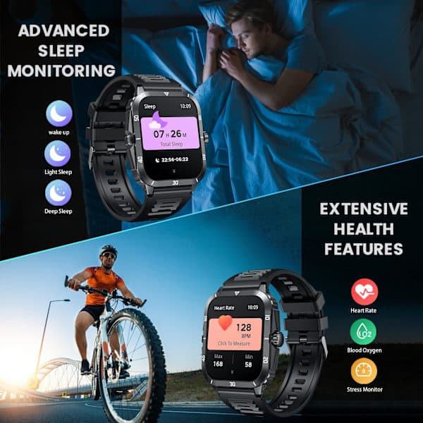 Smartklokke for menn med ringefunksjon, helseovervåking, hjertefrekvens, søvn, 100+ sportsmoduser, vanntett, svart