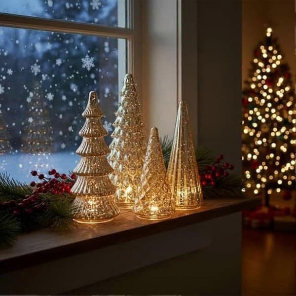 Set med 5 LED-julgranar i kvicksilverglas, belysta julgransdekorationer för bordsdekoration