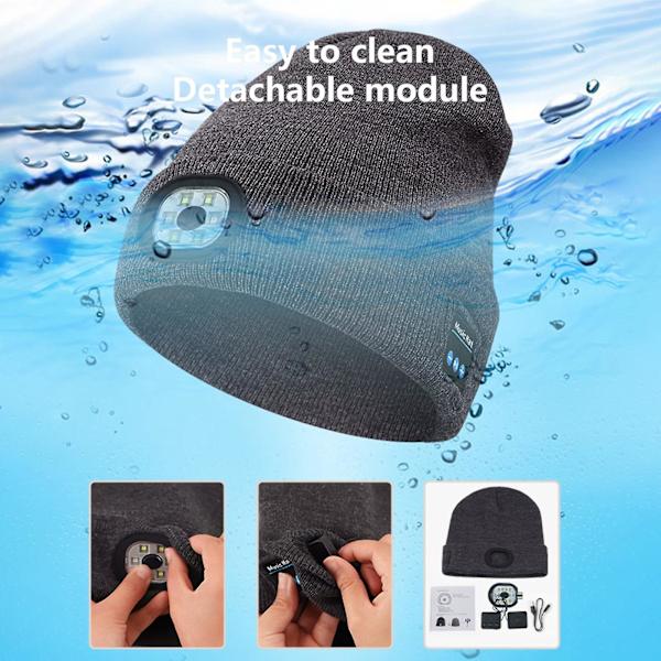 Bluetooth Hue med Lys, Unisex USB Genopladelig 6 LED Hovedlampe Hat med Trådløse Hovedtelefoner Black