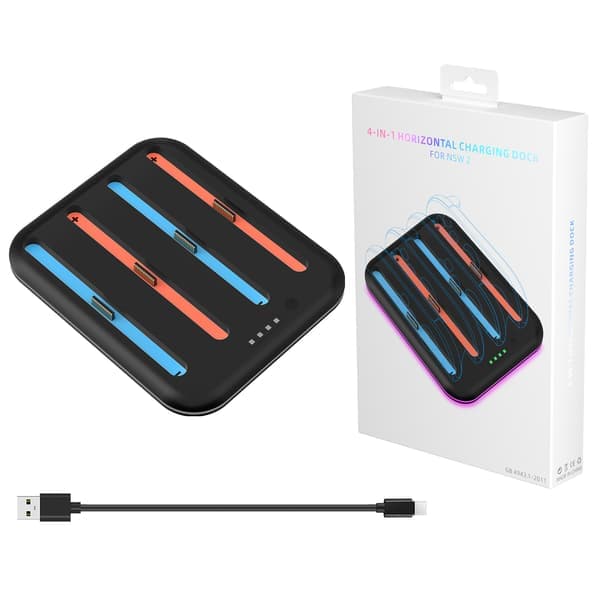 Opladningsdock til Game Controllere - 4-slots opladningsstander med LED RGB-lys sort