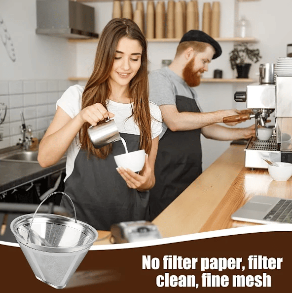Kaffefiltre i rustfritt stål med håndtak, gjenbrukbare, vaskbare, egnet for pour-over kaffe.