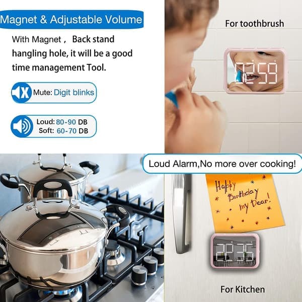 Kökstimer (rosa), 4\" digital klassrumstimer för barn, stor magnetisk LED-nedräkningstimer, klassrum med kontinuerlig ljusfunktion