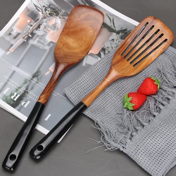2-delat set med träslev för matlagning, giftfria köksredskap i teak, hålslev, pannkaksspadar i trä, bambu
