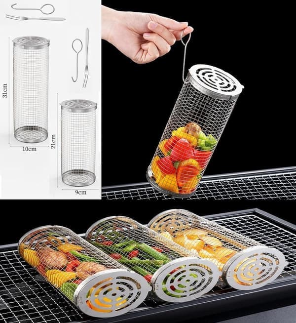 2-pak grillkurv i rustfrit stål, 2 kroge og gafler. Rullende grill - XF5