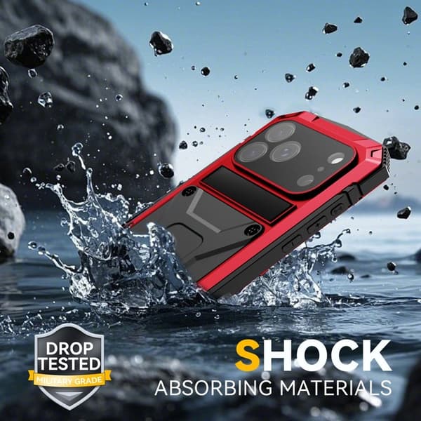 R-JUST Mobilskal till iPhone 17 Pro Max PC + Silikon + Metall Kickstand Röd