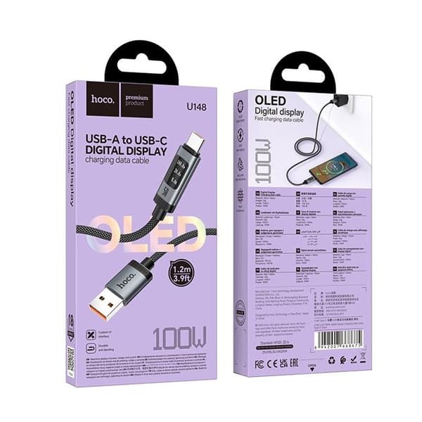 HOCO USB-A til USB-C 100W Kabel 6A 1.2m med Display U148 - Sort Svart