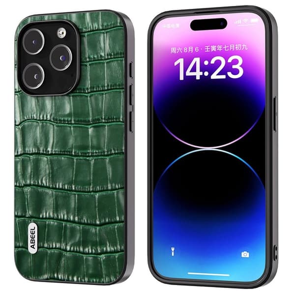ABEEL Mobilskal till iPhone 15 Pro Crocodile Textur Grön Äkta Läder Leather
