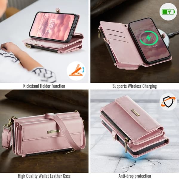Caseme iPhone 15 Pro Konstläder Plånboksfodral RFID-Skydd Zipper - Rosa Rosa