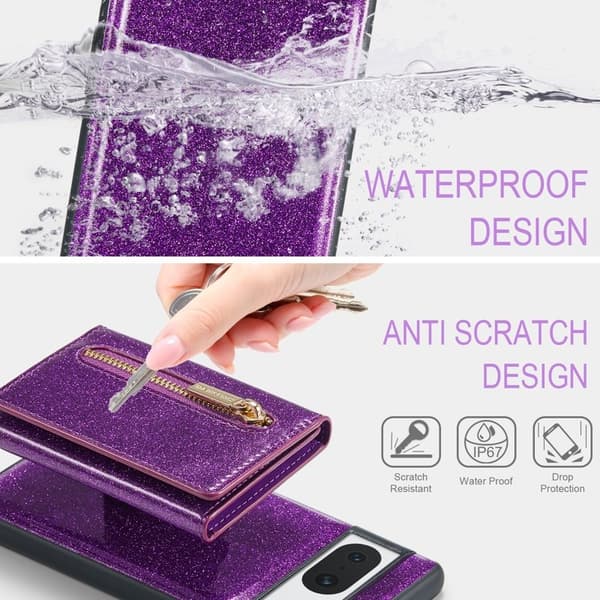 DG.MING M3 Series Konstläder Plånboksfodral för Google Pixel 8 Lila Glitter