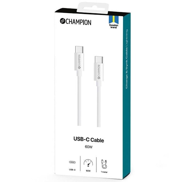 CHAMPION USB-C till USB-C kabel 60W 2m - Vit