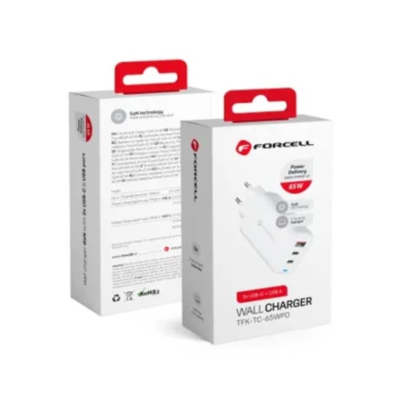Forcell Vægoplader 2x USB-C/USB-A 65W - Hvid Vit