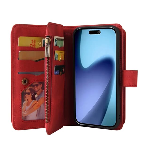 iPhone 17 Air Konstläder Plånboksfodral Zipper Rem Röd