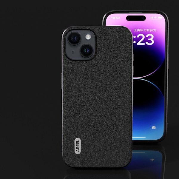ABEEL Mobilskal till iPhone 15 Plus Texturerad Äkta Läder Svart