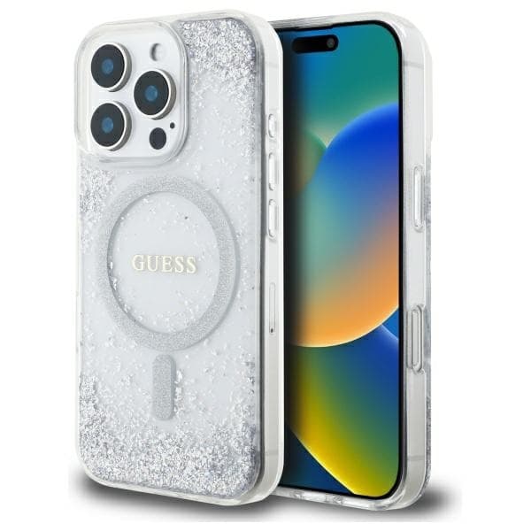 Guess Mobilskal till iPhone 16 Pro MagSafe Resin Gradient Glitter Silver