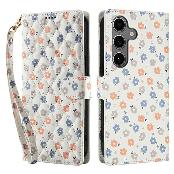 Galaxy S25 - S24 Plånboksfodral Rhombic Floral A4 Vit